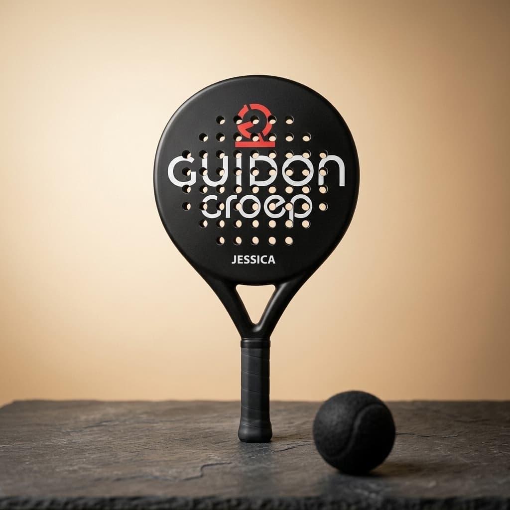 Custom pickleball racket met logo van Guidon Groep, afgewerkt in onze werkplaats